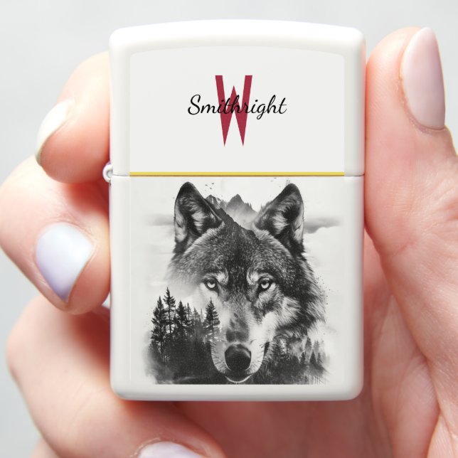 Wolf gazes through misty forest zippo lighter (In Hand)