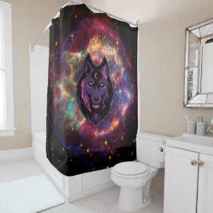 Wolf Graphic Artwork, Purple Cosmic Background Shower Curtain