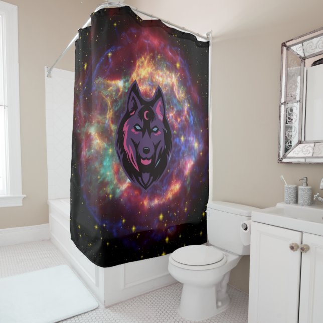 Wolf Graphic Artwork, Purple Cosmic Background Shower Curtain (In Situ)