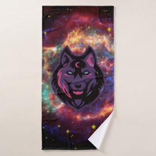 Wolf Graphic Illustration, Cosmic Background Bath Towel Set
