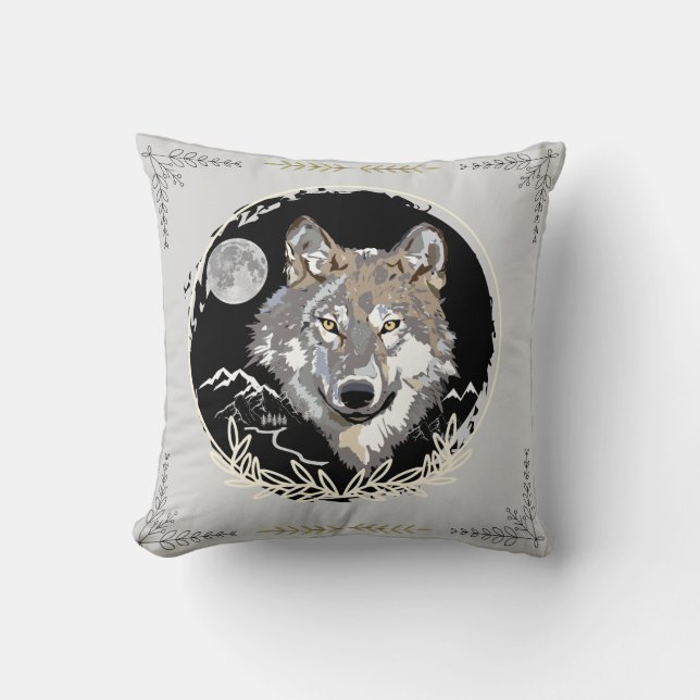 Wolf Gray Black Throw Pillow (Front)