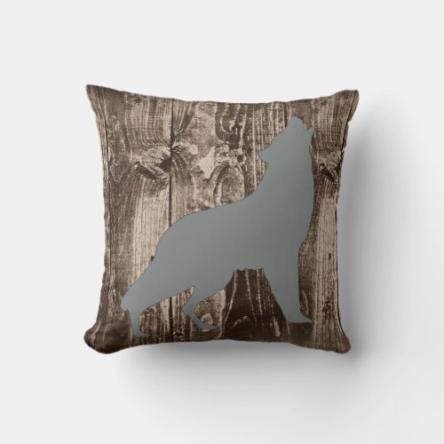 Wolf Gray Wildlife on Rustic Wood Cabin Throw Pillow