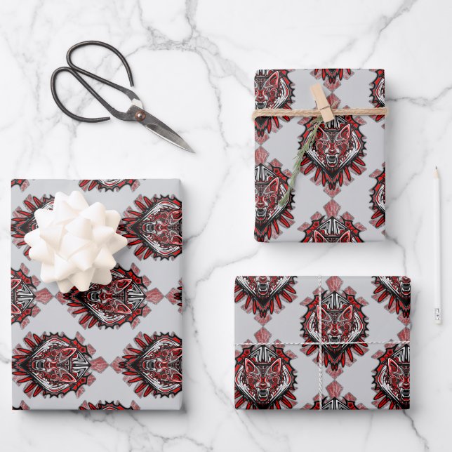 Wolf Haida Tribal Totem Design Wrapping Paper Sheets (Front)