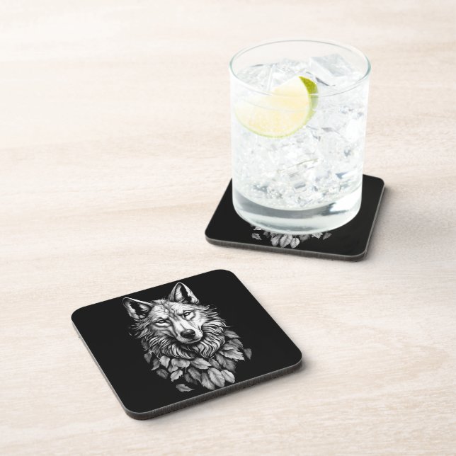wolf head leaves animal original art drawing beverage coaster (Right Side)