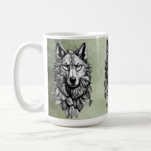 wolf head leaves animal original art drawing coffee mug