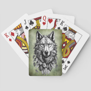 wolf head leaves animal original art drawing poker cards