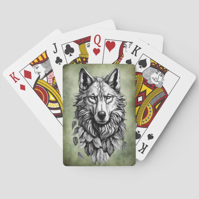 wolf head leaves animal original art drawing poker cards (Back)