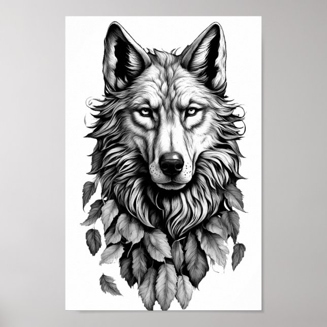 wolf head leaves animal original art drawing poster (Front)