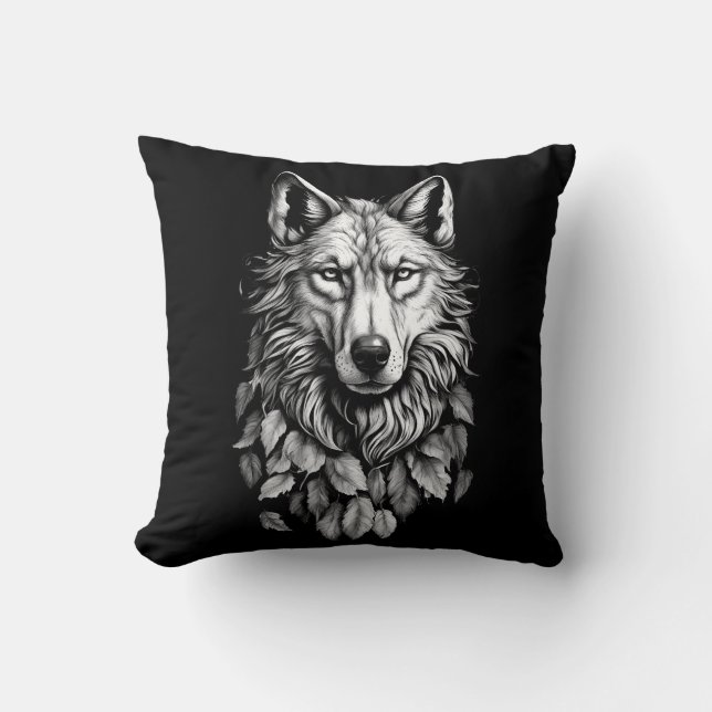 wolf head leaves animal original art drawing throw pillow (Front)