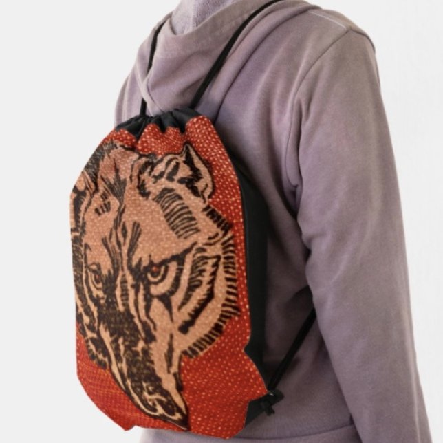 Wolf Head on Red Drawstring Bag (Wolf Head on Red  Design drawstring bag 100% polyester reinforced black trim and grommets. 
)