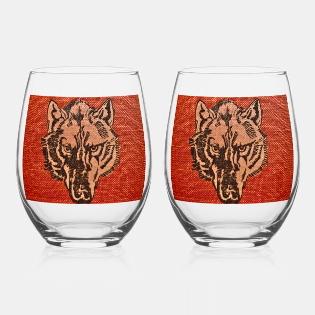 Wolf Head on Red     Stemless Wine Glass (Front)
