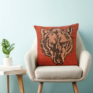 Wolf Head on Red Throw Pillow