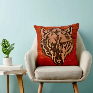 Wolf Head on Red Throw Pillow