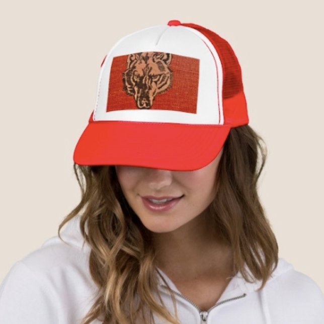Wolf Head on Red   Trucker Hat (Wolf Head on Red Trucker Hat   Adjust from 17" to 24" 100% polyester foam front 100% nylon mesh back)