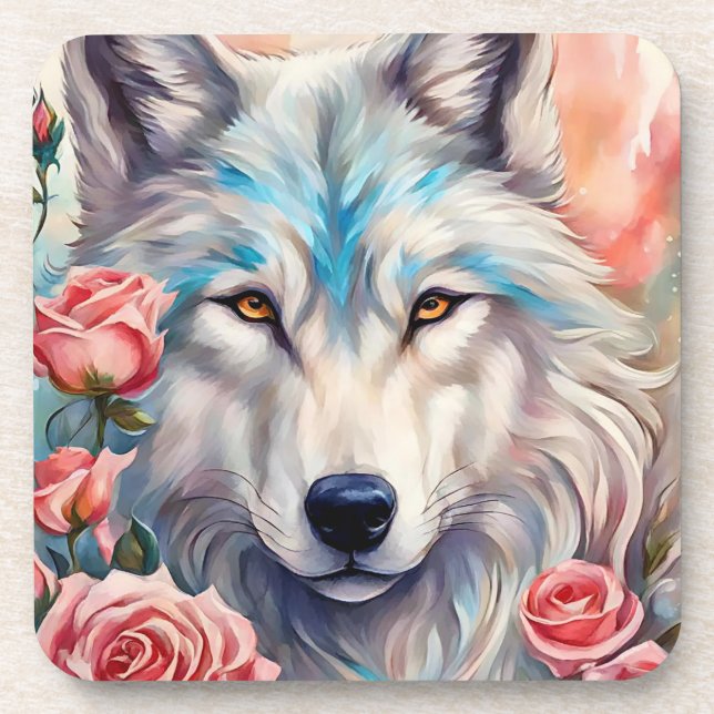 wolf head pink roses animal wildlife painting beverage coaster (Front)