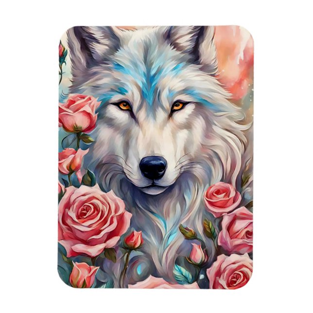 wolf head pink roses animal wildlife painting magnet (Vertical)
