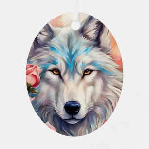 wolf head pink roses animal wildlife painting metal ornament