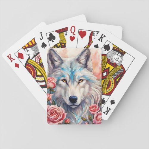 wolf head pink roses animal wildlife painting poker cards