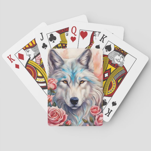 wolf head pink roses animal wildlife painting poker cards (Back)