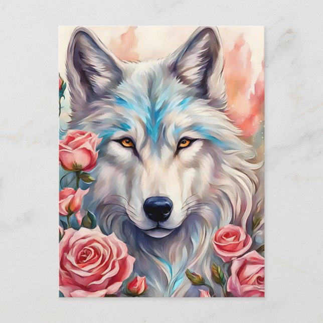 wolf head pink roses animal wildlife painting postcard (Front)