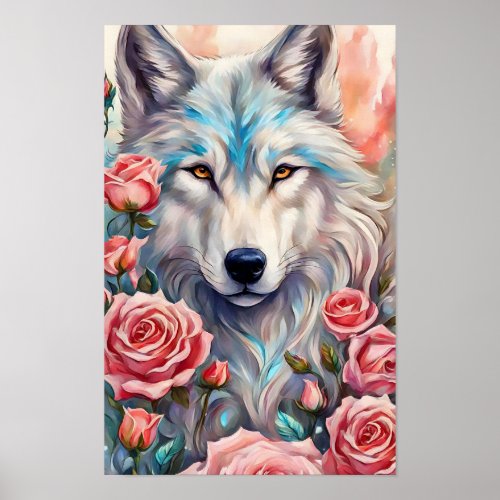 wolf head pink roses animal wildlife painting poster