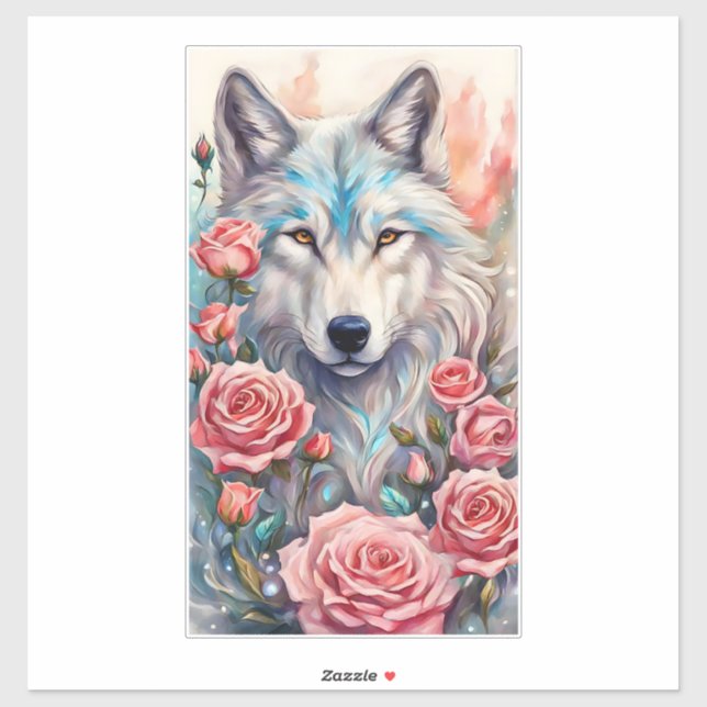 wolf head pink roses animal wildlife painting sticker (Sheet)