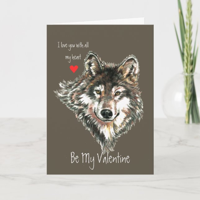 Wolf Head Valentine Love my Heart Wildlife Animal Holiday Card (Front)