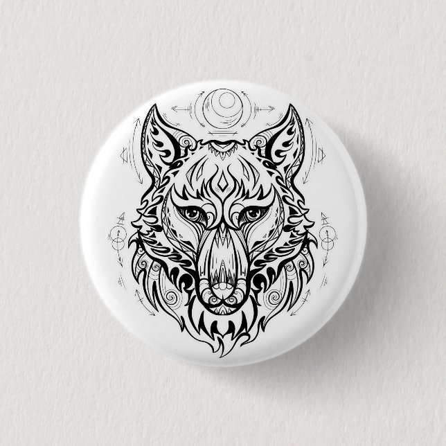 Wolf head with ethnic decorations  button (Front)