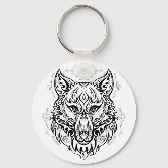 Wolf head with ethnic decorations  keychain (Front)