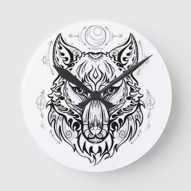 Wolf head with ethnic decorations  round clock (Front)