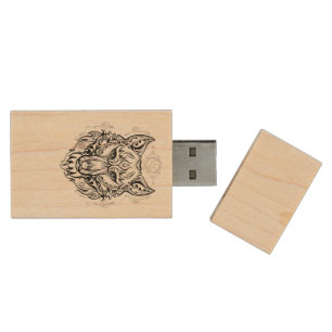 Wolf head with ethnic decorations  wood flash drive