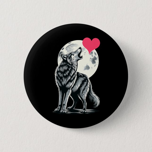 Wolf Holding Heart Valentine's Day Cute Wolves Val Button (Front)