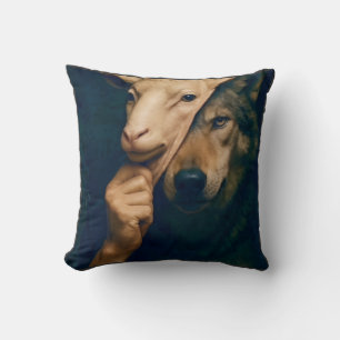 Wolf holding up a sheep mask throw pillow