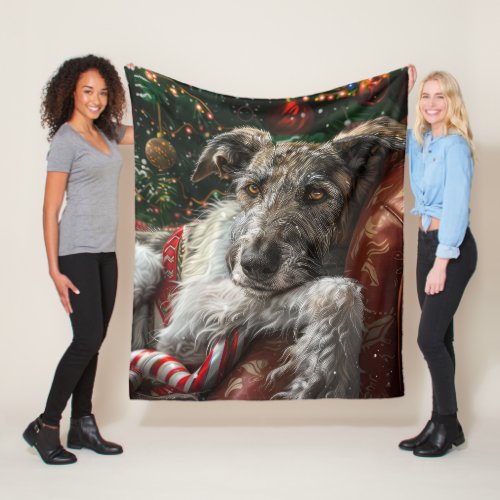 Wolf Hound Dog Christmas Festive Fleece Blanket