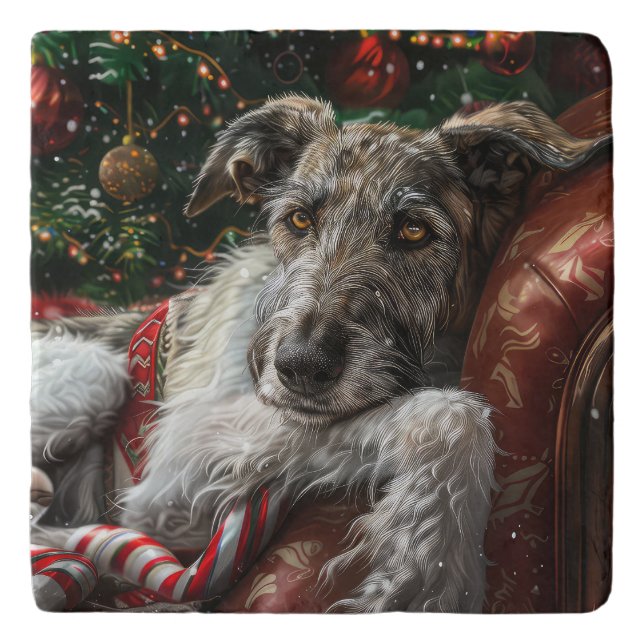 Wolf Hound Dog Christmas Festive Trivet (Front)