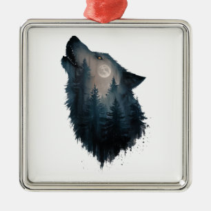 Wolf Howl Forest Moon Metal Ornament