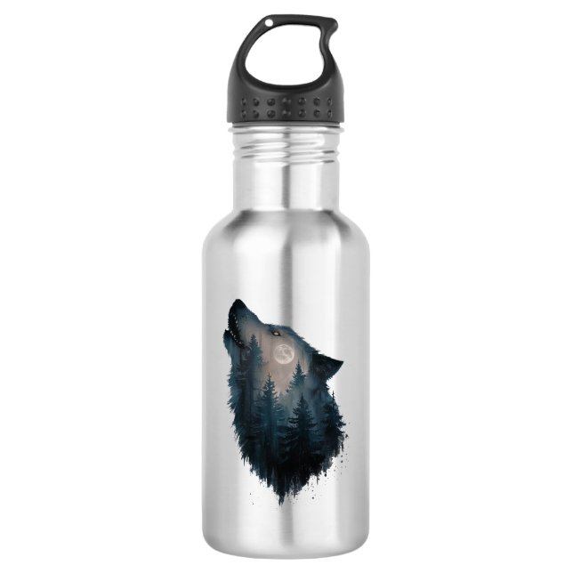 Wolf Howl Forest Moon Stainless Steel Water Bottle (Front)