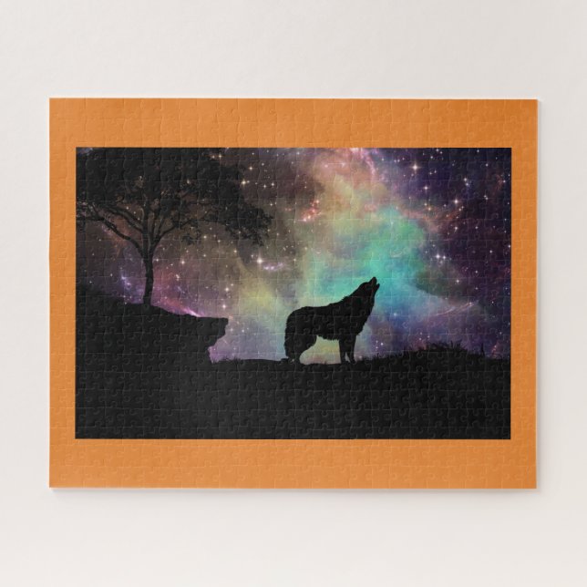 Wolf howl moon night stars wild life animal trees jigsaw puzzle (Horizontal)