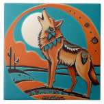 Wolf Howl Southwestern Southwest Orange Turquoise Ceramic Tile<br><div class="desc">southwest native american wolf, southwestern decorative pattern style, orange brown teal blue, traditional folk art painting, south western america animals, southern outdoor wlidlife, usa tribal indian wildlife, nature wild natural cactus, desert animal howling at moon, turquoise earth coyote</div>