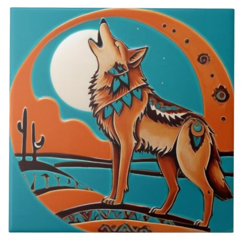 Wolf Howl Southwestern Southwest Orange Turquoise Ceramic Tile