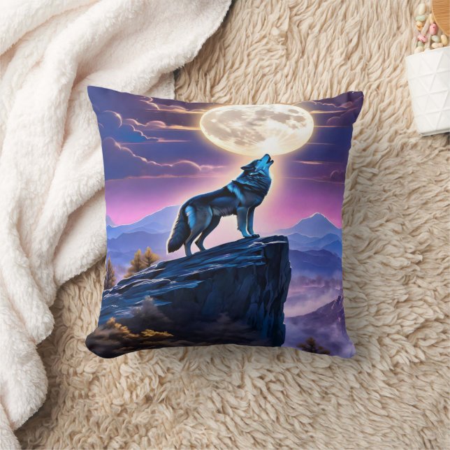 Wolf Howling at Full Moon Over Mystic Mountains Throw Pillow (Blanket)