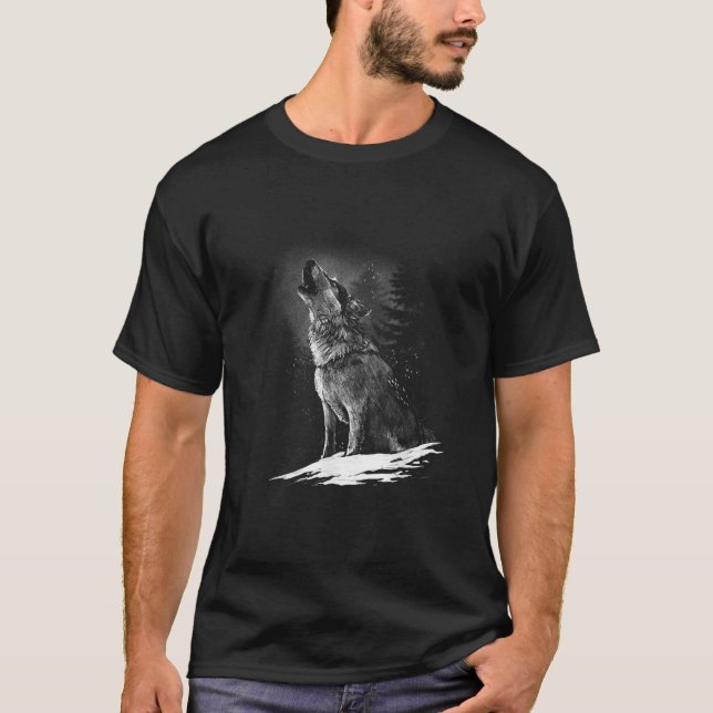 Wolf Howling at Moon Beautiful Realistic Animal Gr T-Shirt (Front)