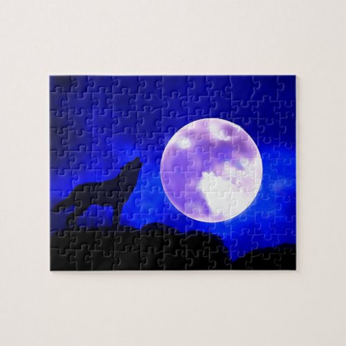 Wolf Howling at Moon Blue Night Artwork Animal Art Jigsaw Puzzle