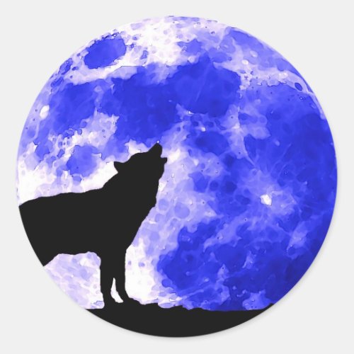 Wolf Howling at Moon Blue Night Classic Round Sticker