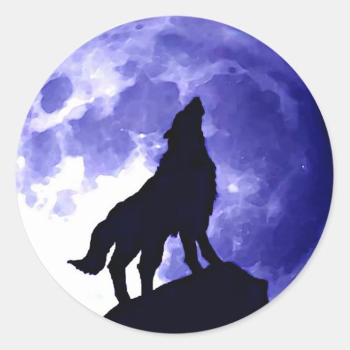 Wolf Howling at Moon Blue Night Fullmoon Classic Round Sticker