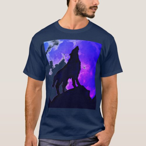 Wolf Howling at Moon Blue T_Shirt