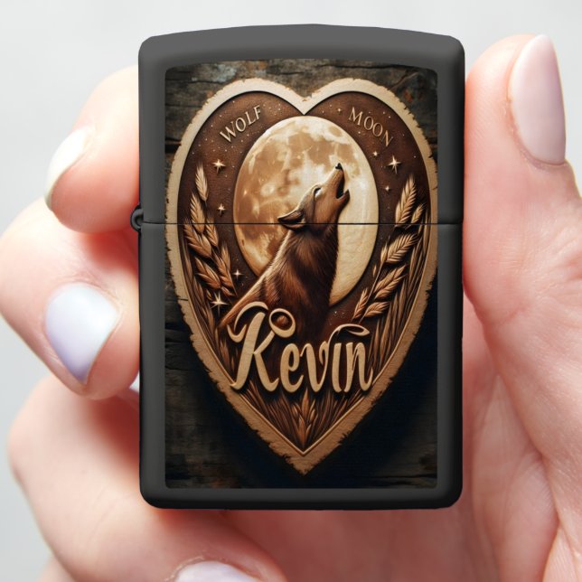 Wolf Howling at Moon Carving Zippo Lighter (In Hand)