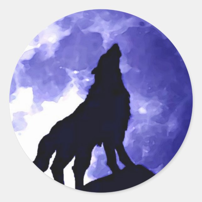 Wolf Howling at Moon Classic Round Sticker (Front)