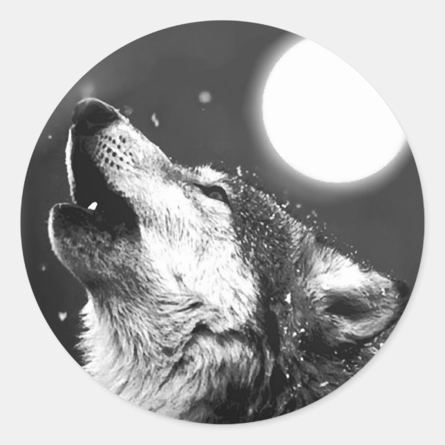 Wolf Howling at Moon Classic Round Sticker (Front)