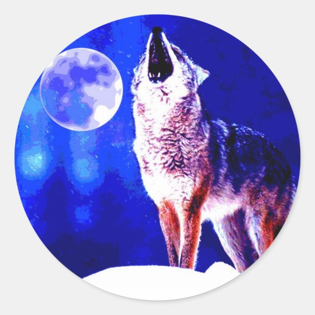 Wolf Howling at Moon Classic Round Sticker (Front)